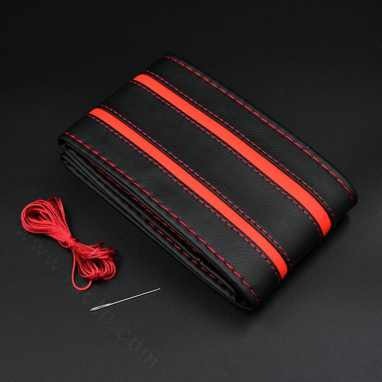 DIY Stripe Car Steering Wheel Cover Braid Leather Hand-Stitched With Needles and Thread - Red