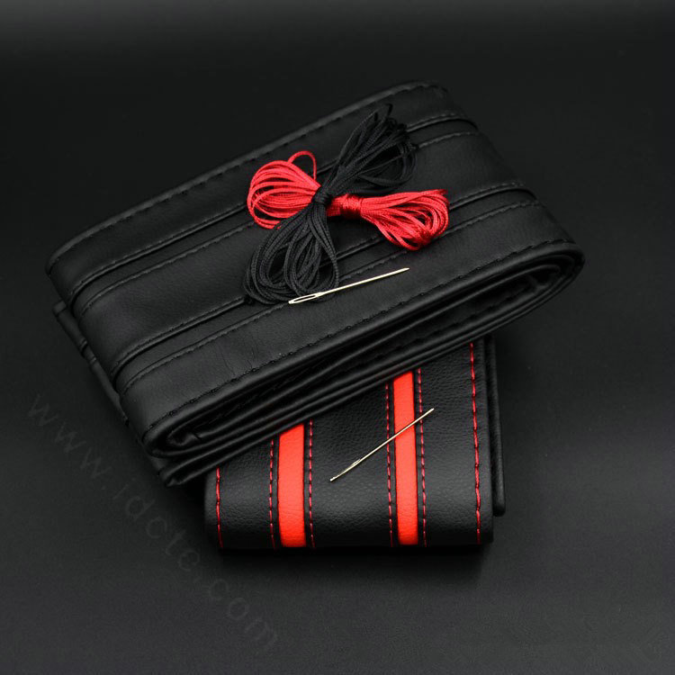 DIY Stripe Car Steering Wheel Cover Braid Leather Hand-Stitched With Needles and Thread - Red