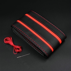 DIY Stripe Car Steering Wheel Cover Braid Leather Hand-Stitched With Needles and Thread - Red