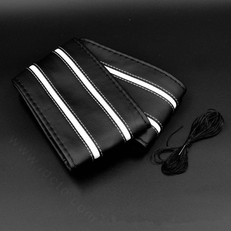 DIY Stripe Car Steering Wheel Cover Braid Leather Hand-Stitched With Needles and Thread - White