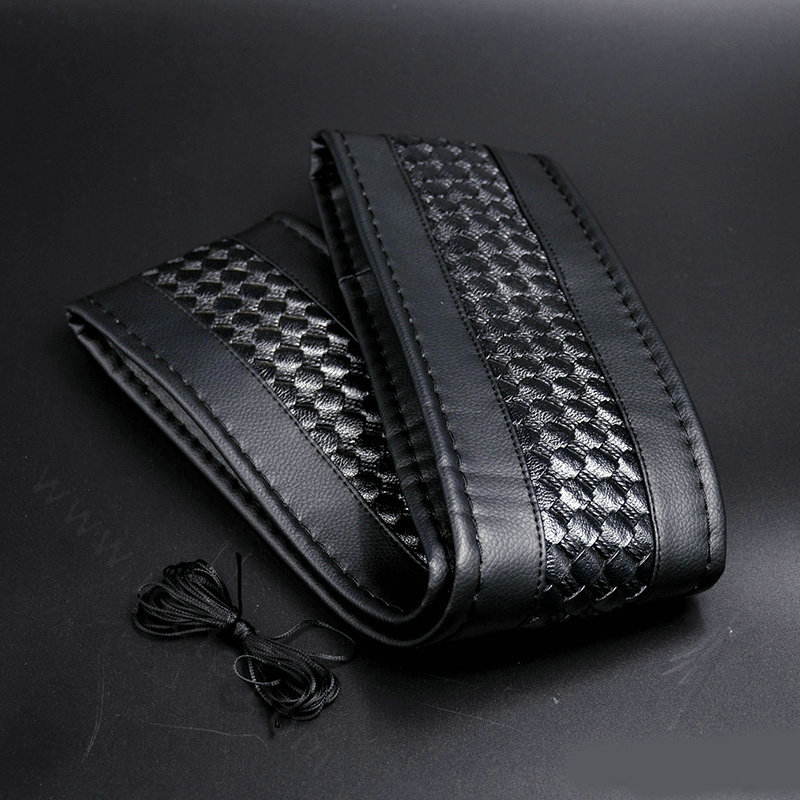 DIY Weaving Leather Car Steering Wheel Covers Hand-Stitched Knitted Universal 38CM - Black