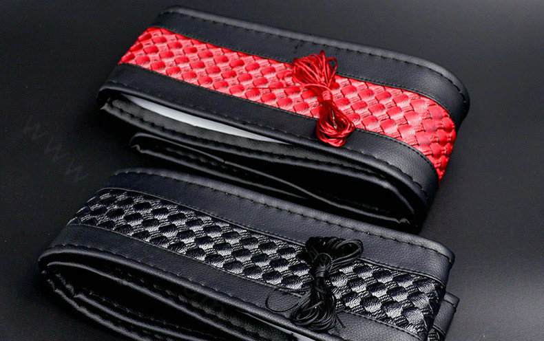 DIY Weaving Leather Car Steering Wheel Covers Hand-Stitched Knitted Universal 38CM - Black