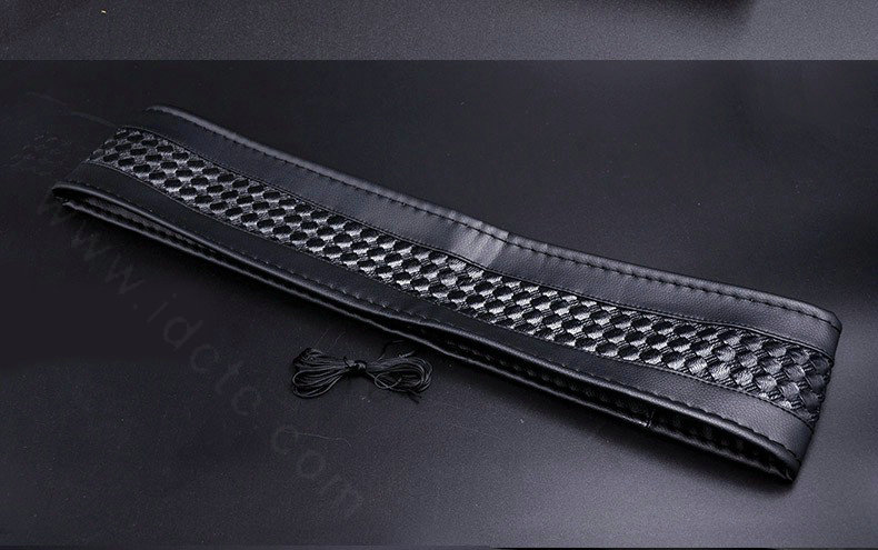 DIY Weaving Leather Car Steering Wheel Covers Hand-Stitched Knitted Universal 38CM - Black