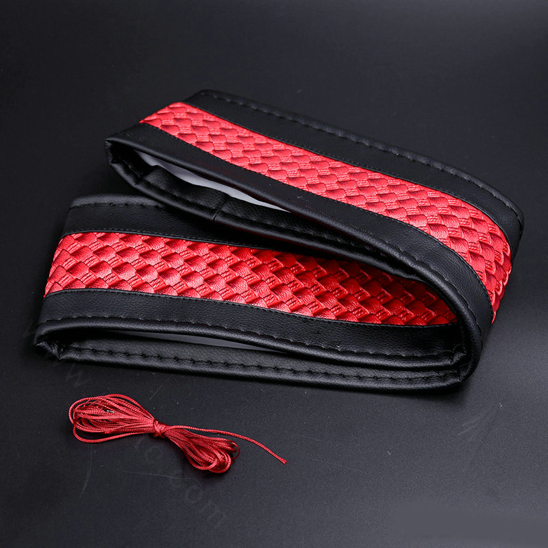 DIY Weaving Leather Car Steering Wheel Covers Hand-Stitched Knitted Universal 38CM - Red