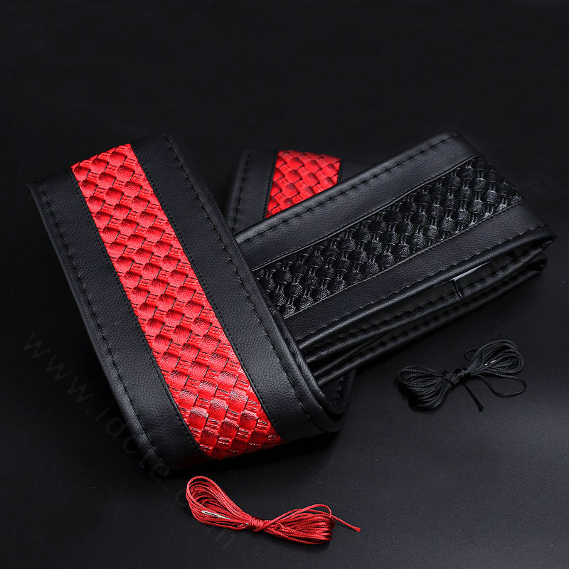 DIY Weaving Leather Car Steering Wheel Covers Hand-Stitched Knitted Universal 38CM - Red