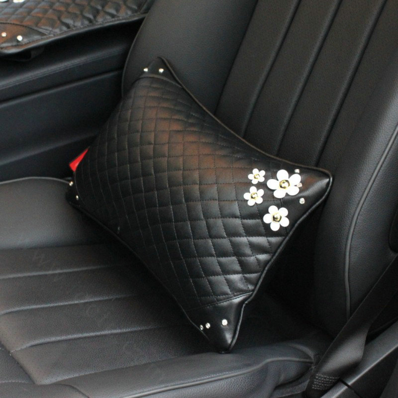 Daisy Flower Women Rhinestone Car Seat Waist Pillows PU Leather Auto Accessories 1pcs - Black
