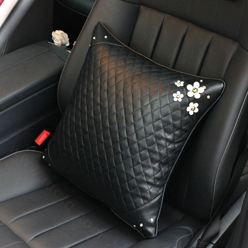 Daisy Flower Women Rhinestone Car Seat Waist Pillows PU Leather Square Cushions 1pcs - Black