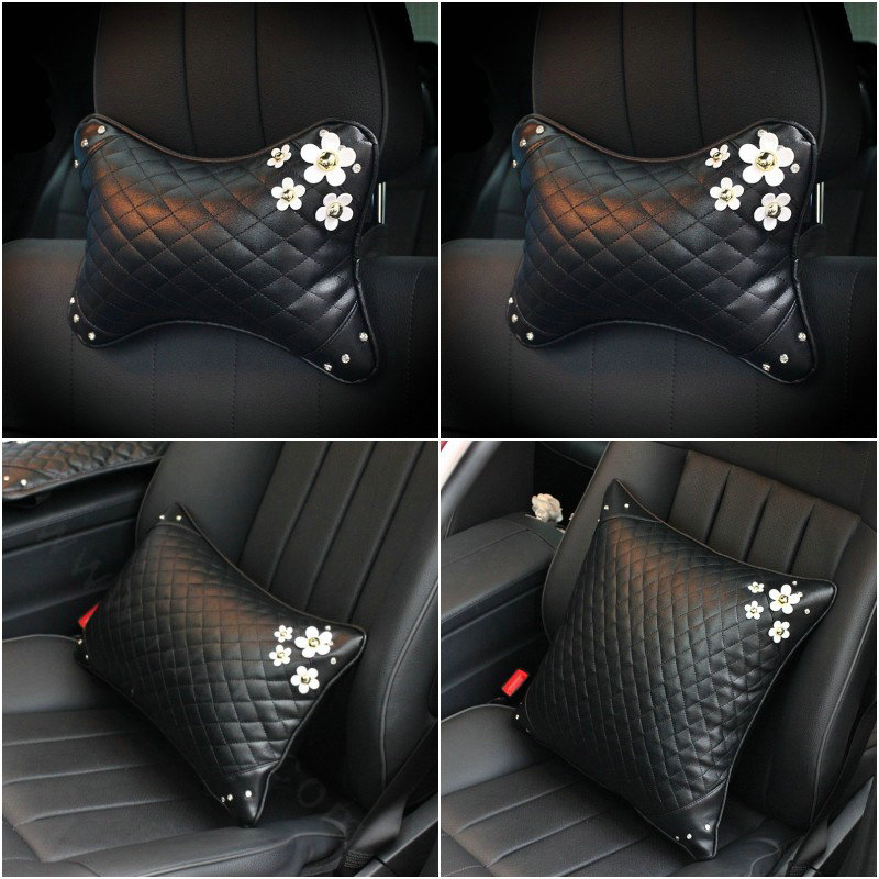 Daisy Flower Women Rhinestone Car Seat Waist Pillows PU Leather Square Cushions 1pcs - Black