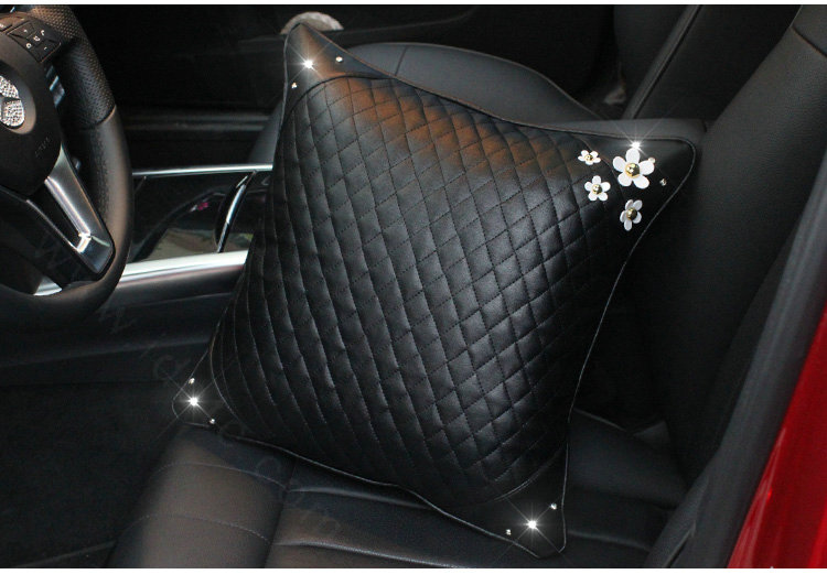 Daisy Flower Women Rhinestone Car Seat Waist Pillows PU Leather Square Cushions 1pcs - Black