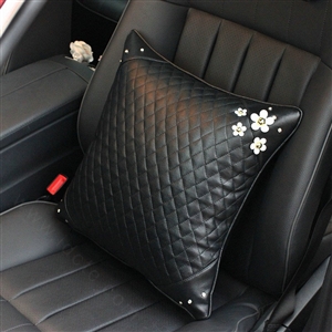 Daisy Flower Women Rhinestone Car Seat Waist Pillows PU Leather Square Cushions 1pcs - Black