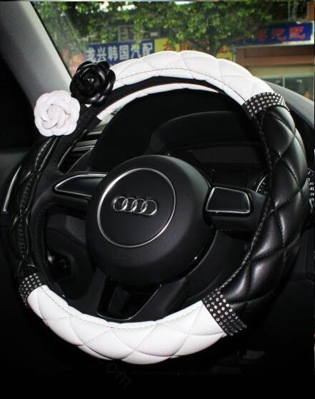 Diamond Camellia Flower Pu Leather Vehicle Steering Wheel Covers 15 inch 38CM - Black