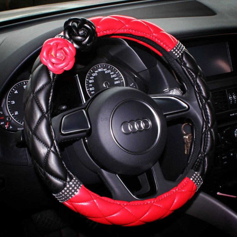 Diamond Camellia Flower Pu Leather Vehicle Steering Wheel Covers 15 inch 38CM - Red Black