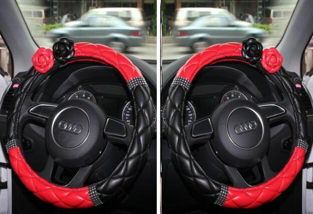 Diamond Camellia Flower Pu Leather Vehicle Steering Wheel Covers 15 inch 38CM - Red Black