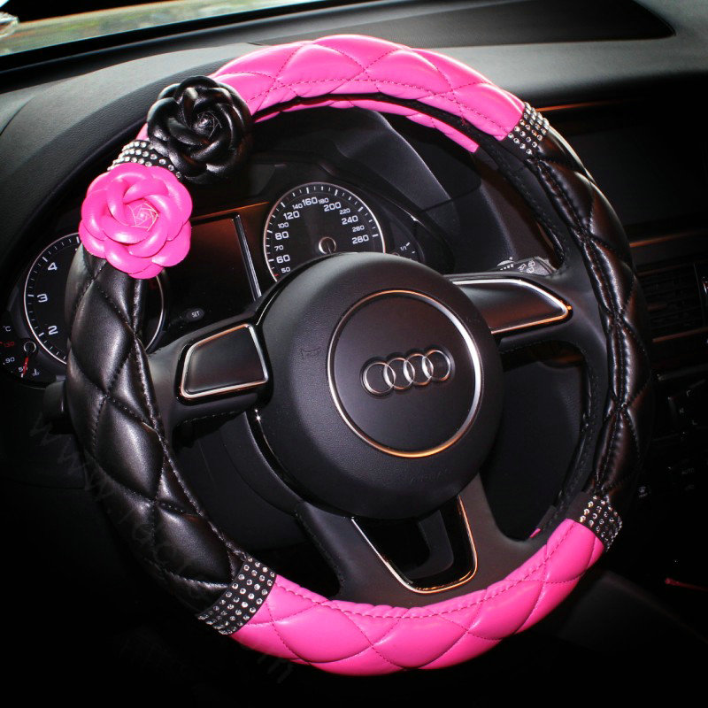 Diamond Camellia Flower Pu Leather Vehicle Steering Wheel Covers 15 inch 38CM - Rose Black