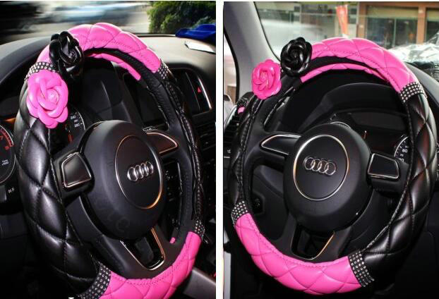 Diamond Camellia Flower Pu Leather Vehicle Steering Wheel Covers 15 inch 38CM - Rose Black