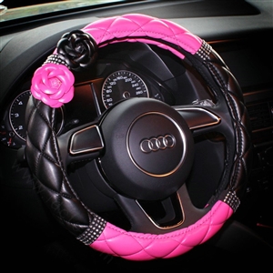 Diamond Camellia Flower Pu Leather Vehicle Steering Wheel Covers 15 inch 38CM - Rose Black