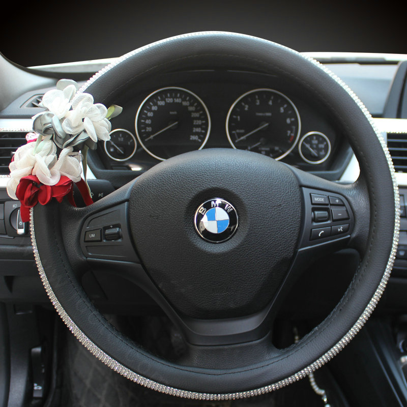 Diamond Lace Flower Pu Leather Car Steering Wheel Covers 15 inch 38CM - Green Red