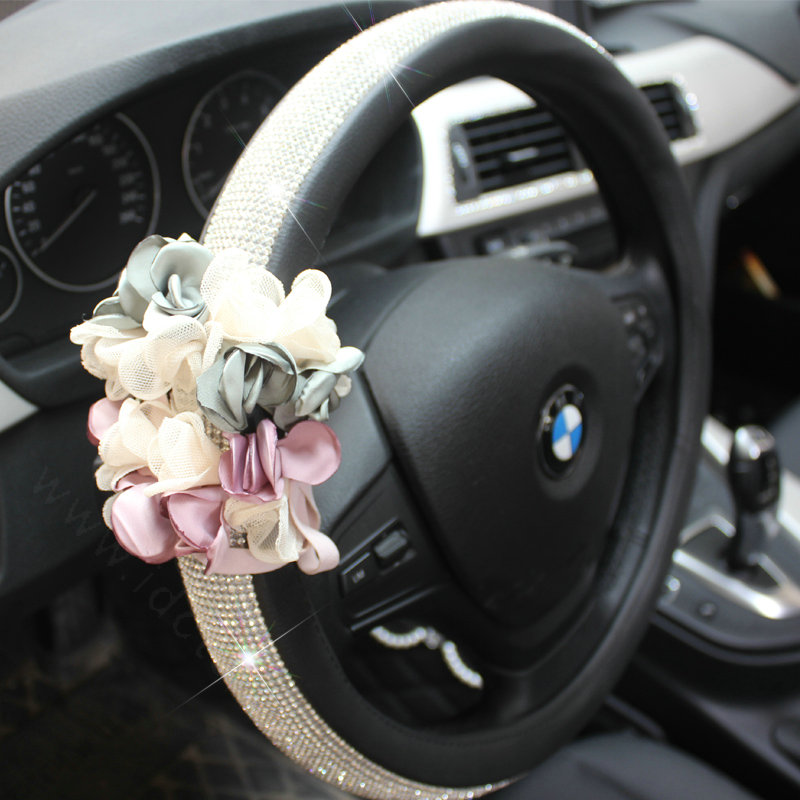 Diamond Lace Flower Pu Leather Car Steering Wheel Covers 15 inch 38CM - Pink Green