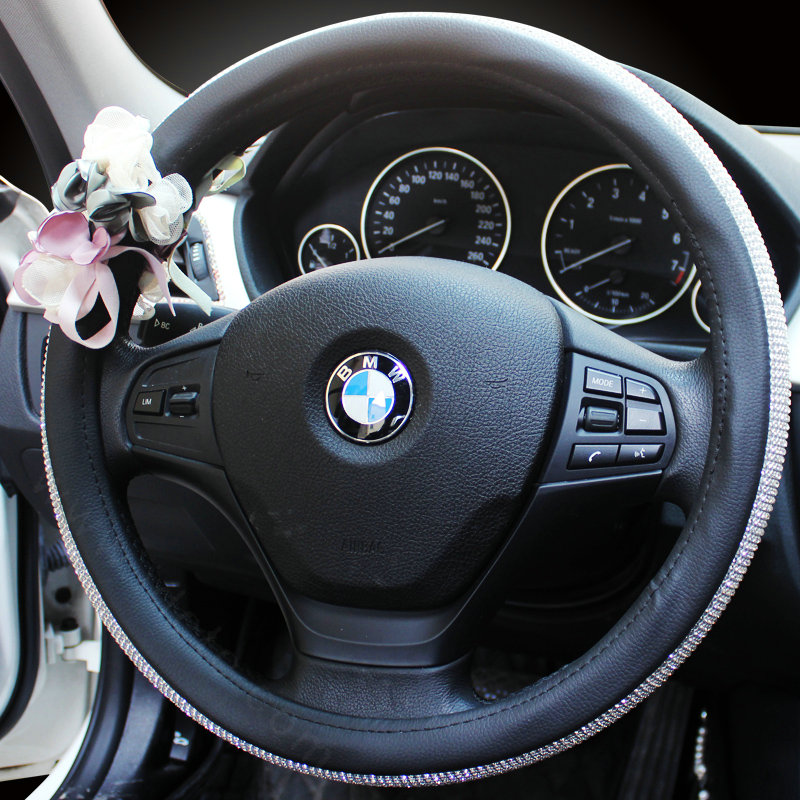 Diamond Lace Flower Pu Leather Car Steering Wheel Covers 15 inch 38CM - Pink Green