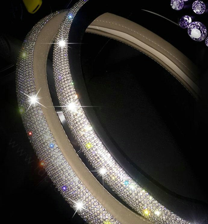 Diamond Lace Flower Pu Leather Car Steering Wheel Covers 15 inch 38CM - Pink Green