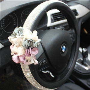 Diamond Lace Flower Pu Leather Car Steering Wheel Covers 15 inch 38CM - Pink Green