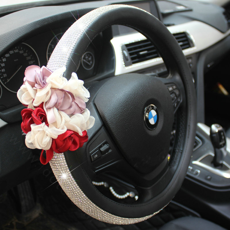 Diamond Lace Flower Pu Leather Car Steering Wheel Covers 15 inch 38CM - Pink Red