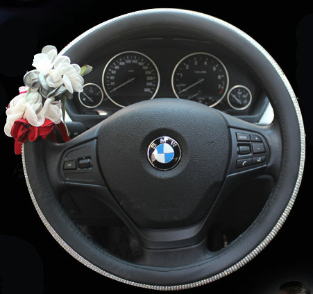 Diamond Lace Flower Pu Leather Car Steering Wheel Covers 15 inch 38CM - Pink Red