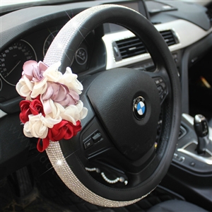 Diamond Lace Flower Pu Leather Car Steering Wheel Covers 15 inch 38CM - Pink Red