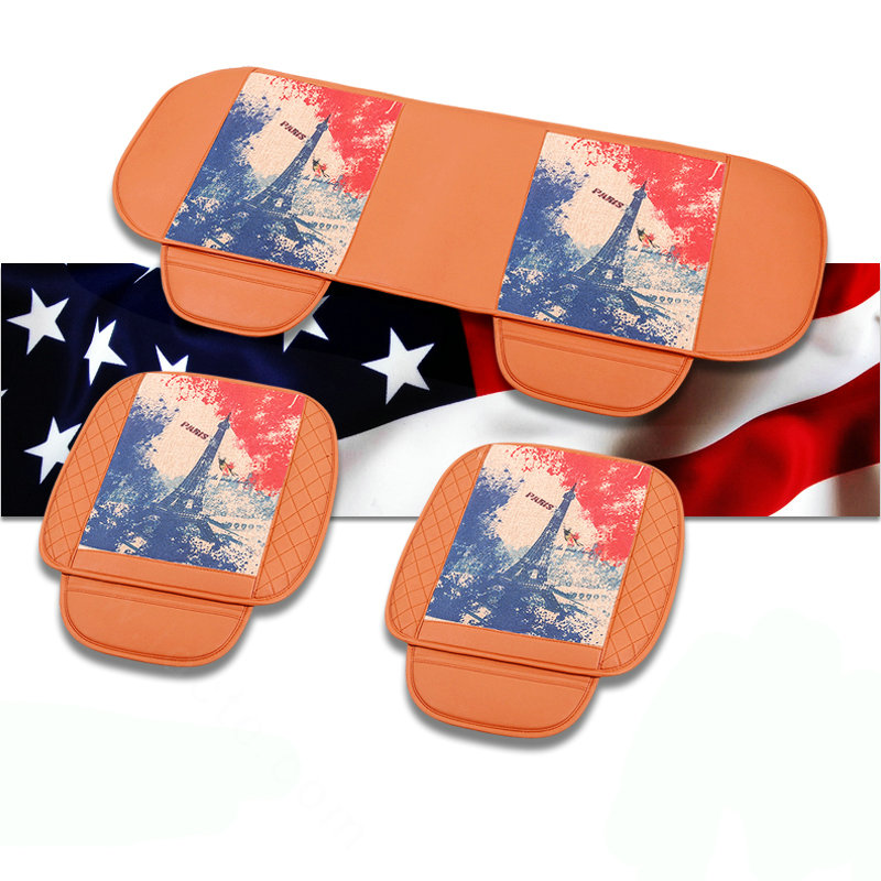 Eiffel Tower Leather Car Seat Cushion Front and Rear Universal Auto Pads 3pcs Set - Brown