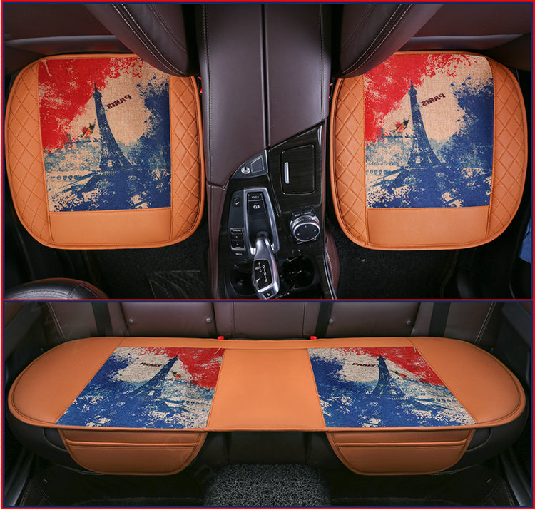 Eiffel Tower Leather Car Seat Cushion Front and Rear Universal Auto Pads 3pcs Set - Brown