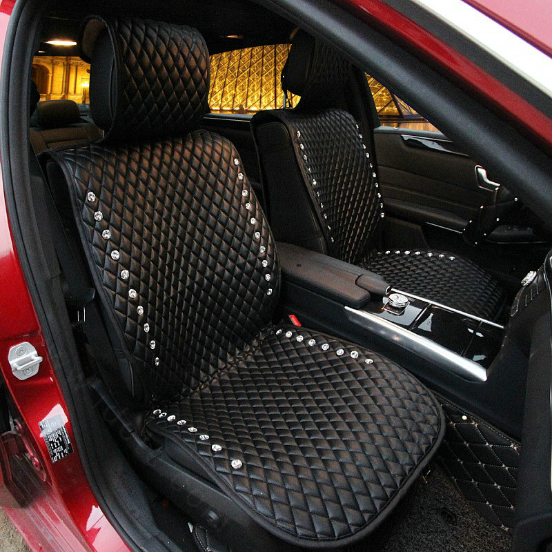 Elegant Crystal Leather Car Seat Cushion Universal Women Auto Seat Covers 10pcs Sets - Black