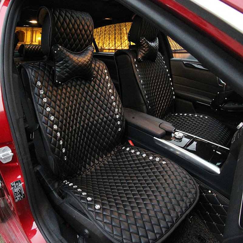 Elegant Crystal Leather Car Seat Cushion Universal Women Auto Seat Covers 10pcs Sets - Black
