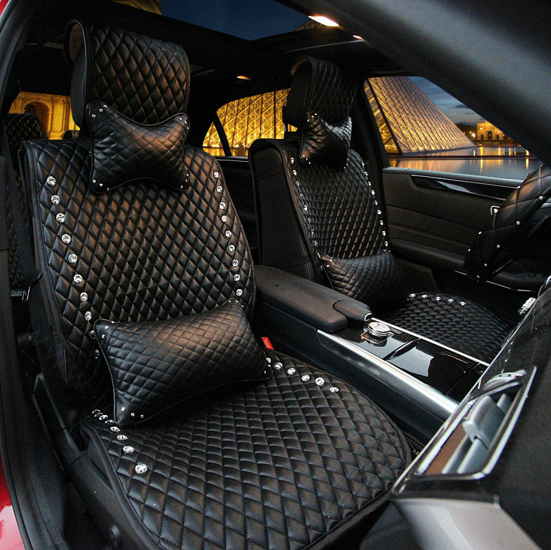 Elegant Crystal Leather Car Seat Cushion Universal Women Auto Seat Covers 10pcs Sets - Black