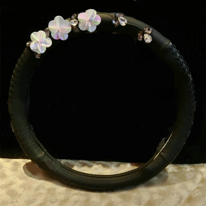 Elegant Diamond Flower Leather Vehicle Steering Wheel Covers 15 inch 38CM - Black