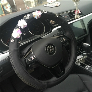 Elegant Diamond Flower Leather Vehicle Steering Wheel Covers 15 inch 38CM - Black