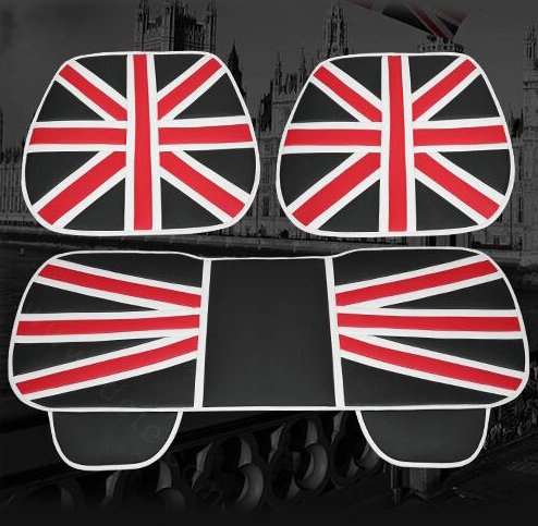 England UK Flag Leather Car Seat Cushion Front and Rear Universal Auto Pads 3pcs Set - Black