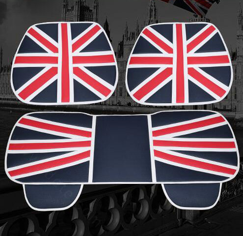 England UK Flag Leather Car Seat Cushion Front and Rear Universal Auto Pads 3pcs Set - Blue