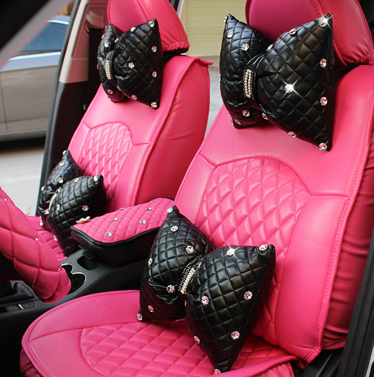Fashion Bowknot Diamond Lumbar Cushion for Car Support Leather Pillow Female 1pcs - Black