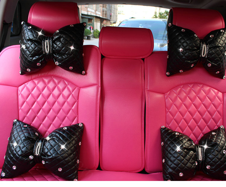 Fashion Bowknot Diamond Lumbar Cushion for Car Support Leather Pillow Female 1pcs - Black