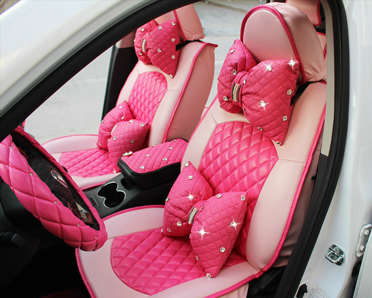 Fashion Bowknot Diamond Lumbar Cushion for Car Support Leather Pillow Female 1pcs - Rose