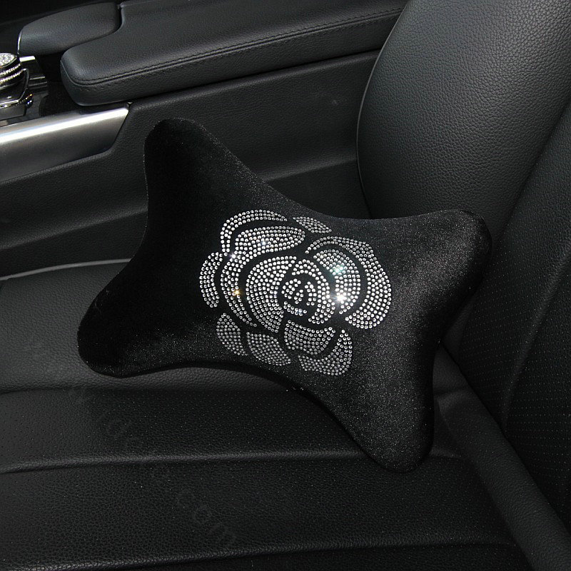 Fashion Diamond Flower Car Neck Pillows Headrest Soft Plush Auto Interior Decoration 1pcs - Black