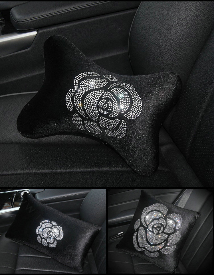 Fashion Diamond Flower Car Neck Pillows Headrest Soft Plush Auto Interior Decoration 1pcs - Black