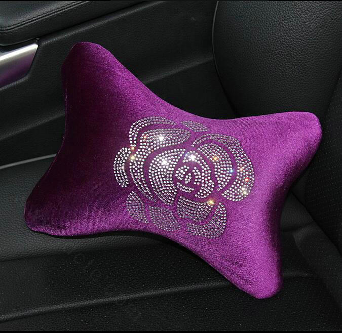 Fashion Diamond Flower Car Neck Pillows Headrest Soft Plush Auto Interior Decoration 1pcs - Purple
