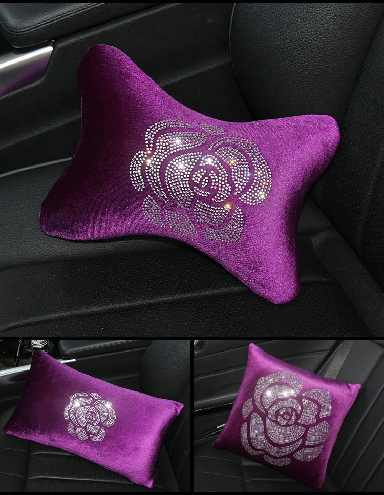 Fashion Diamond Flower Car Neck Pillows Headrest Soft Plush Auto Interior Decoration 1pcs - Purple