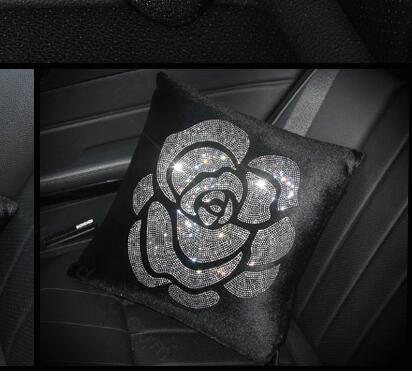 Fashion Diamond Flower Plush Car Seat Arms Pillows Support Lumbar Cushion 1pcs - Black
