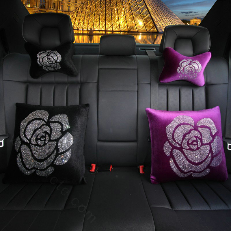 Fashion Diamond Flower Plush Car Seat Arms Pillows Support Lumbar Cushion 1pcs - Black