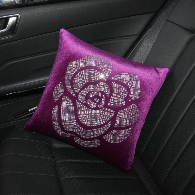 Fashion Diamond Flower Plush Car Seat Arms Pillows Support Lumbar Cushion 1pcs - Purple
