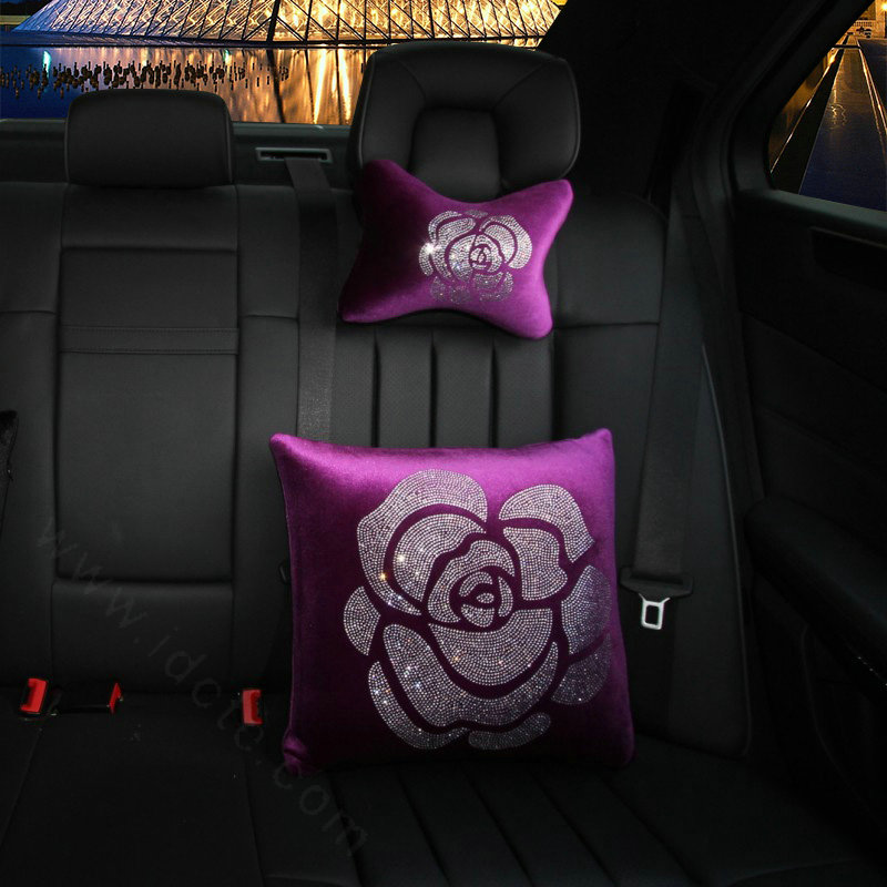 Fashion Diamond Flower Plush Car Seat Arms Pillows Support Lumbar Cushion 1pcs - Purple