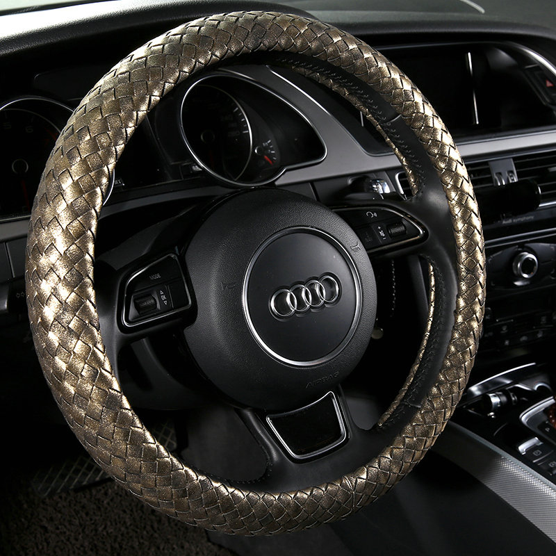Fashion Glitter Hand-Woven PU Leather Car Steering Wheel Covers 15 inch 38CM - Gold