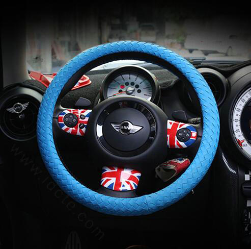 Fashion Hand-Woven Genuine Leather Auto Steering Wheel Covers 15 inch 38CM - Blue